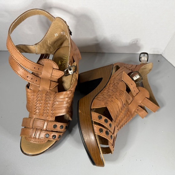 Macarena Woven Leather Platform Sandals Tan Block Heel Boho Festival Style Sz 8 - Picture 9 of 10